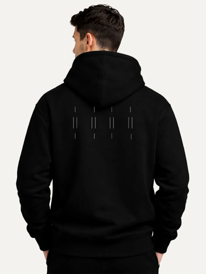 Model wearing black Memory Relay hoodie with grouped Stone White back artwork