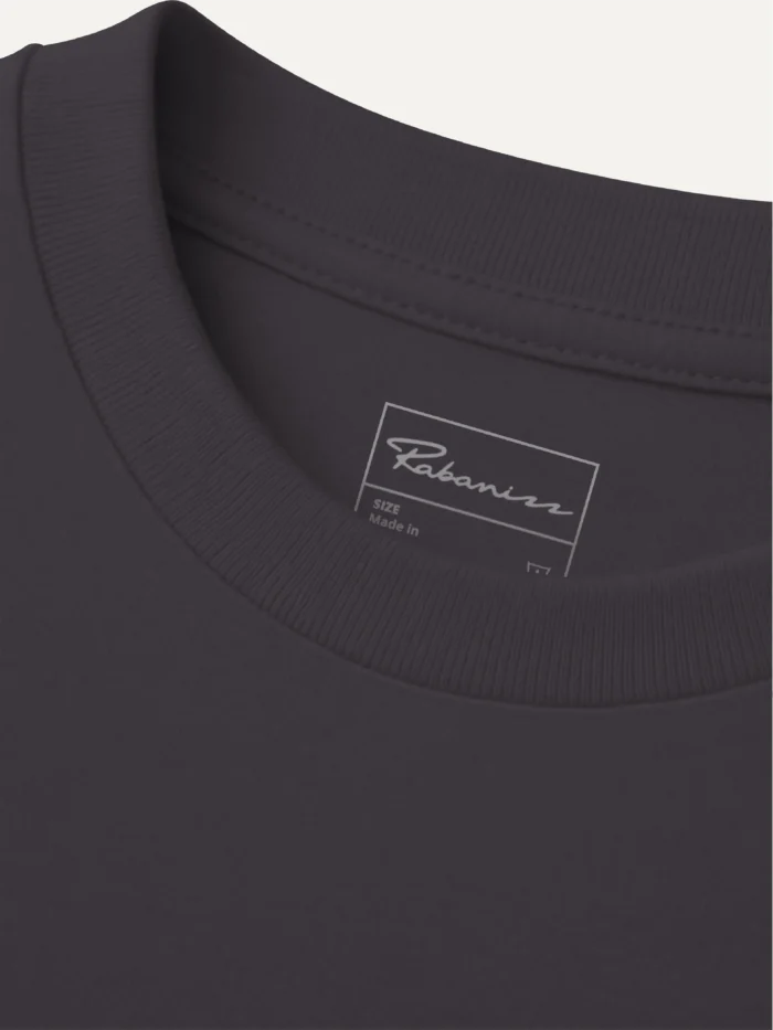 Anthracite organic cotton T-shirt rib collar and internal label detail