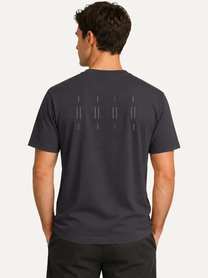Male model showing Memory Relay artwork across Anthracite T-shirt back