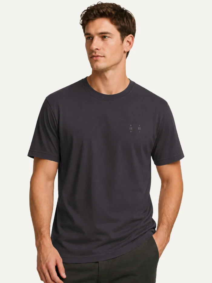 Male model wearing Anthracite Memory Relay organic cotton T-shirt