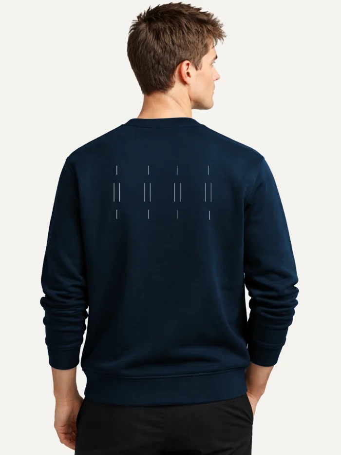 Male model showing Memory Relay artwork on sweatshirt back