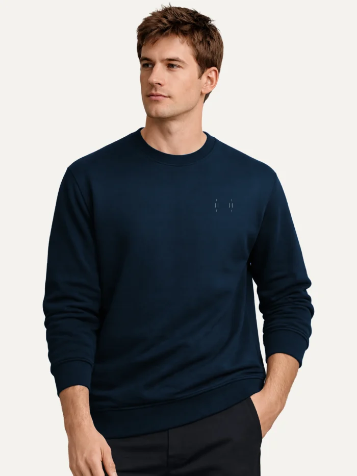 Male model wearing French Navy Memory Relay organic sweatshirt