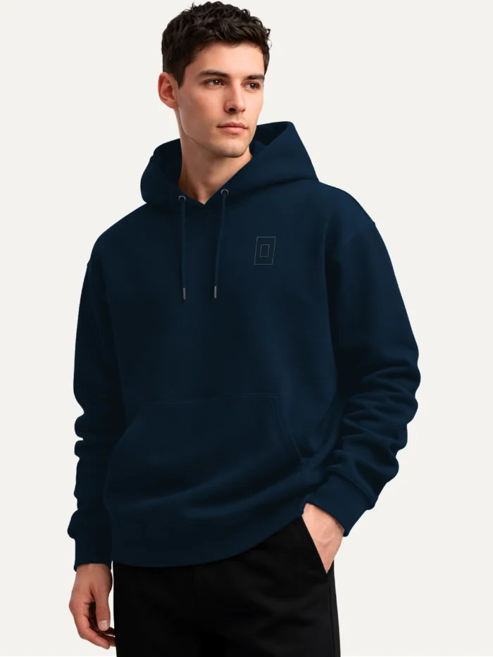 Model wearing Prepared Tension French Navy organic cotton hoodie