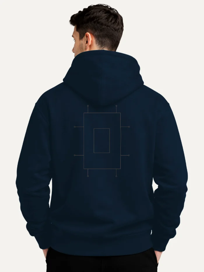 Model wearing Prepared Tension French Navy hoodie from back
