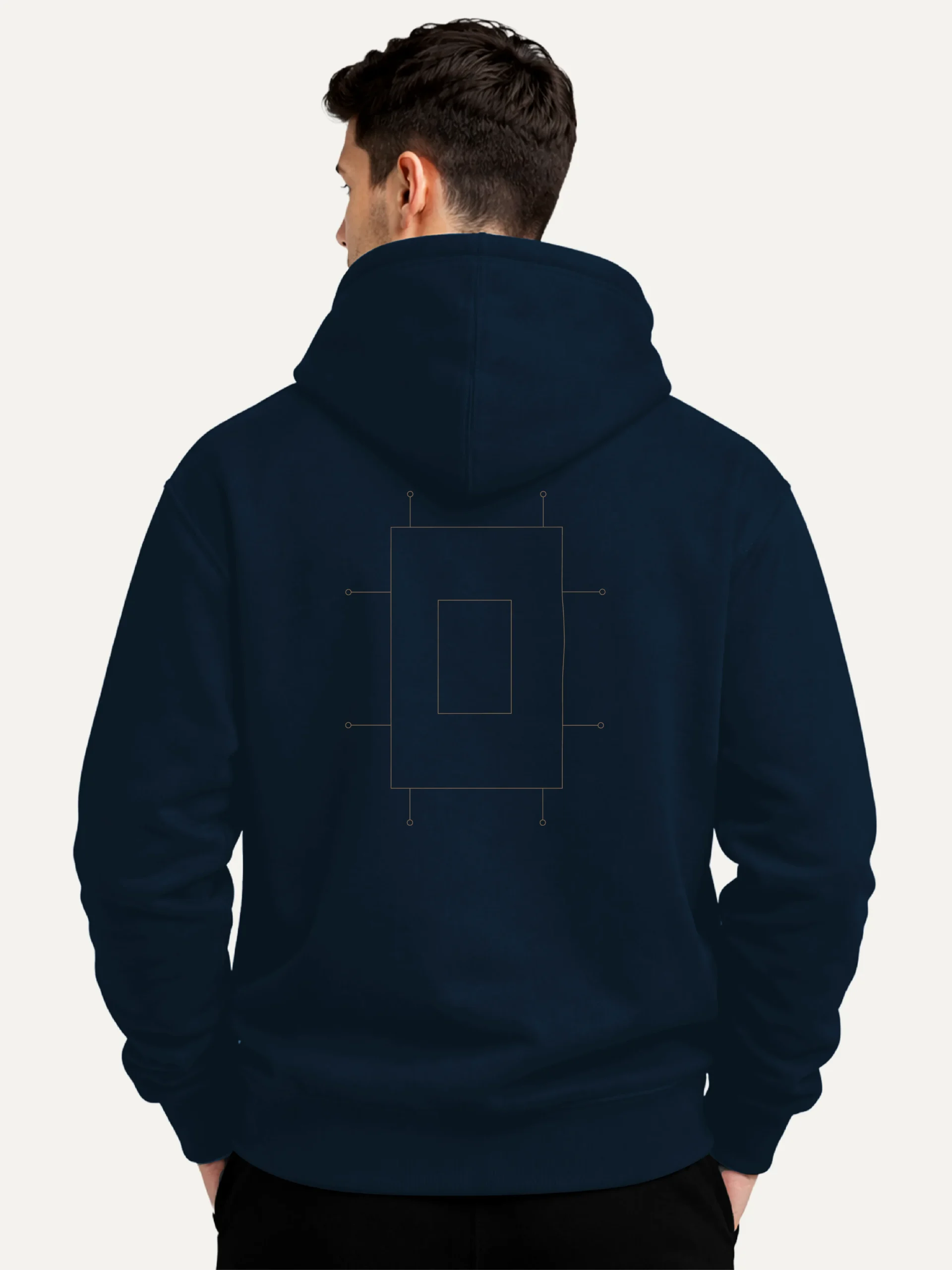Model wearing Prepared Tension French Navy hoodie from back