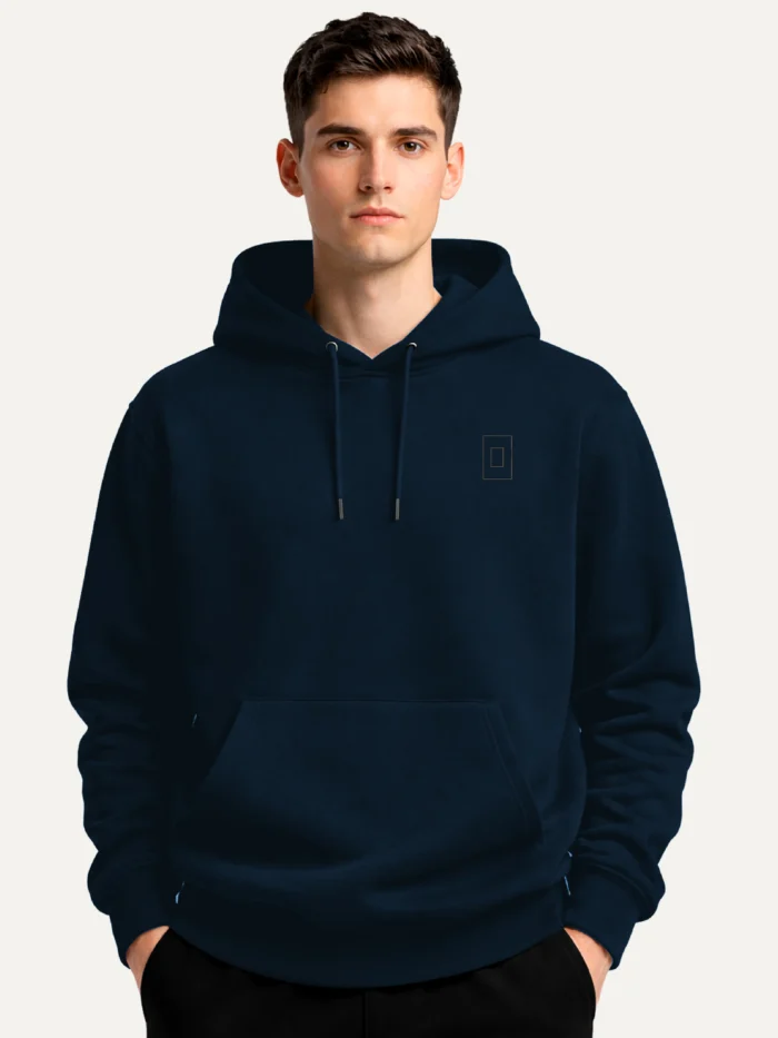 Model wearing Prepared Tension French Navy hoodie from front