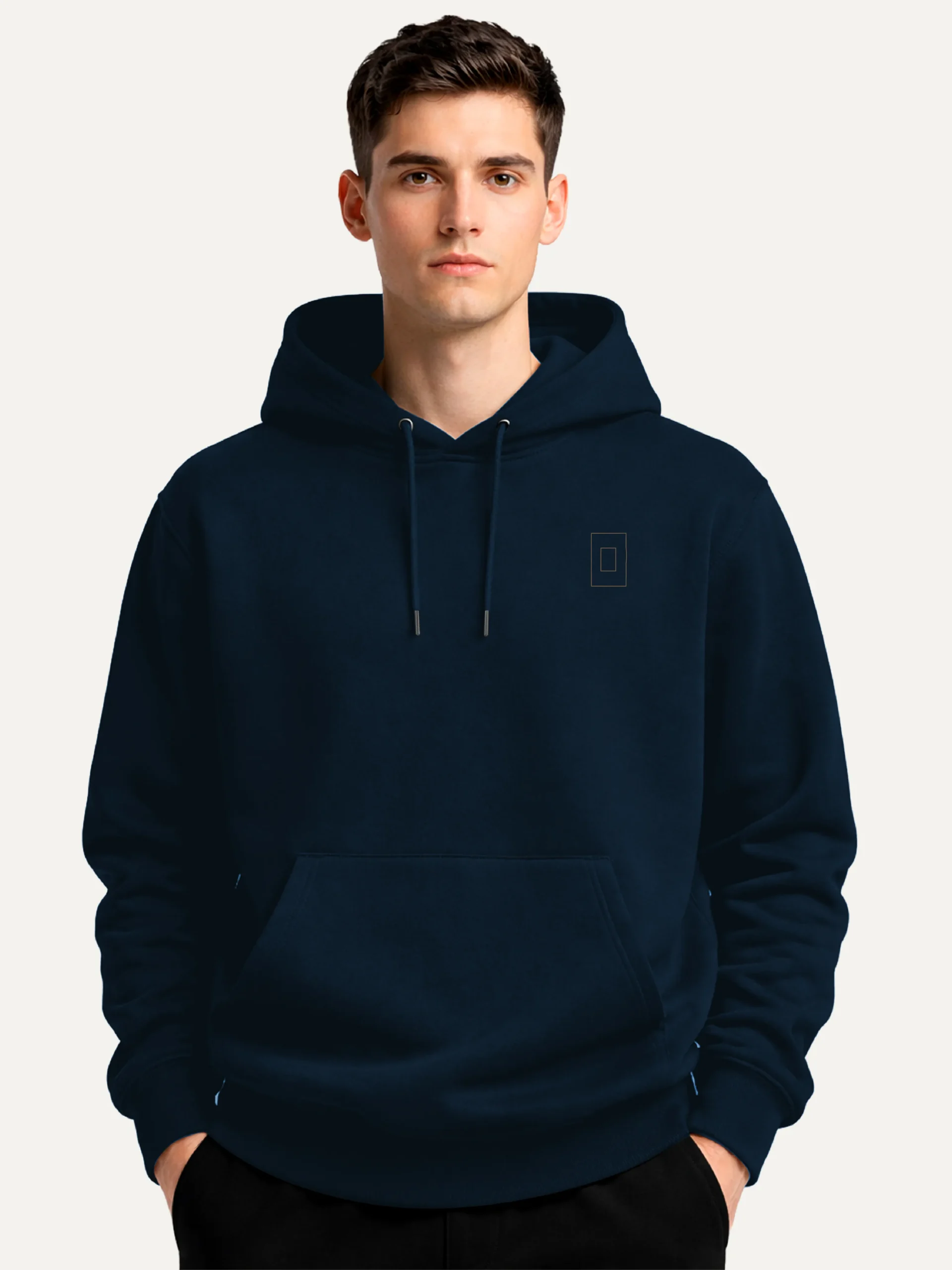 Model wearing Prepared Tension French Navy hoodie from front
