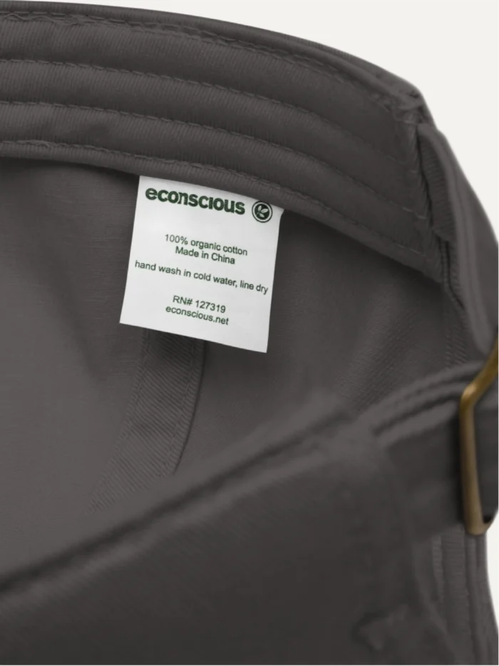 Charcoal organic cotton cap interior label and adjustable closure
