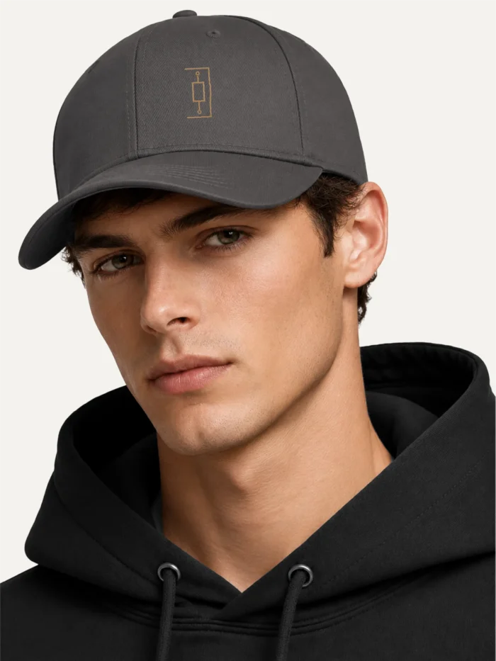 Model wearing Prepared Tension Charcoal organic cotton twill cap