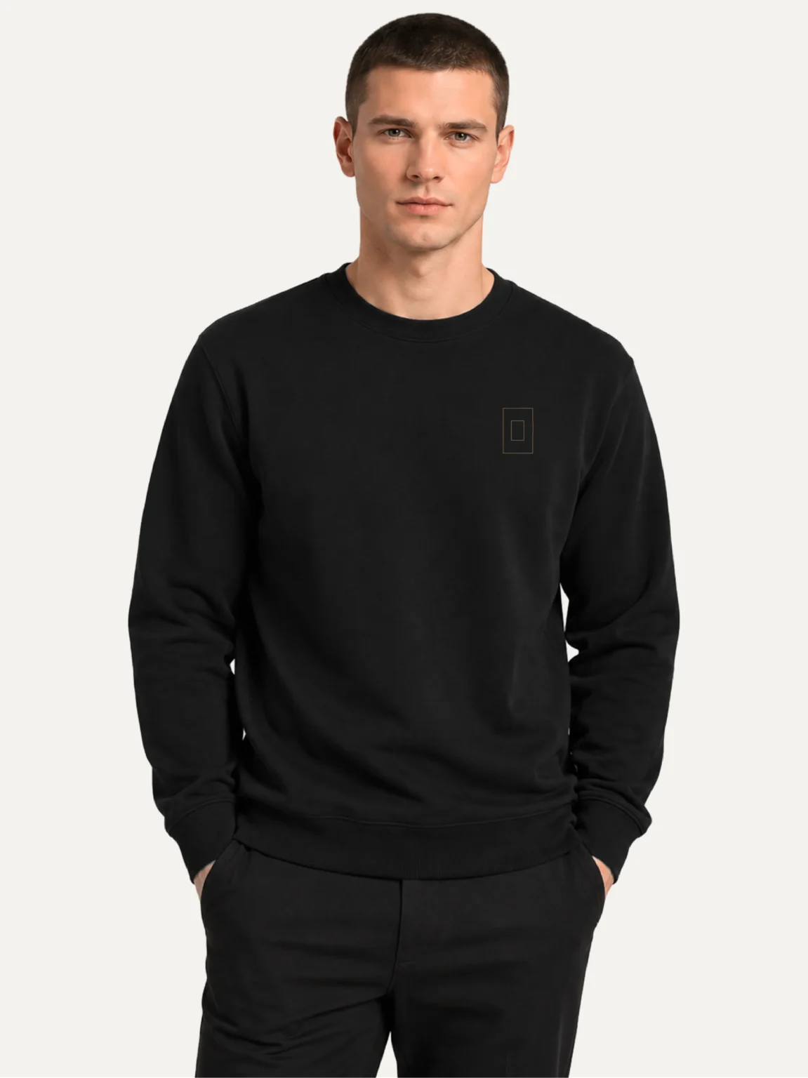 Model wearing Prepared Tension black organic cotton sweatshirt