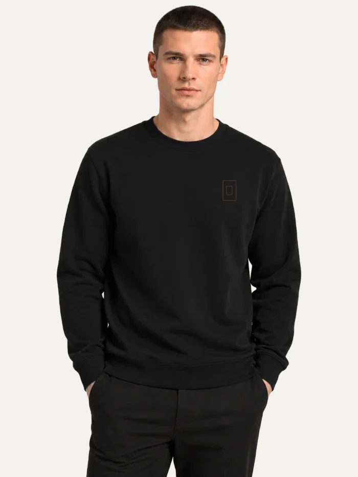 Model wearing Prepared Tension black organic cotton sweatshirt