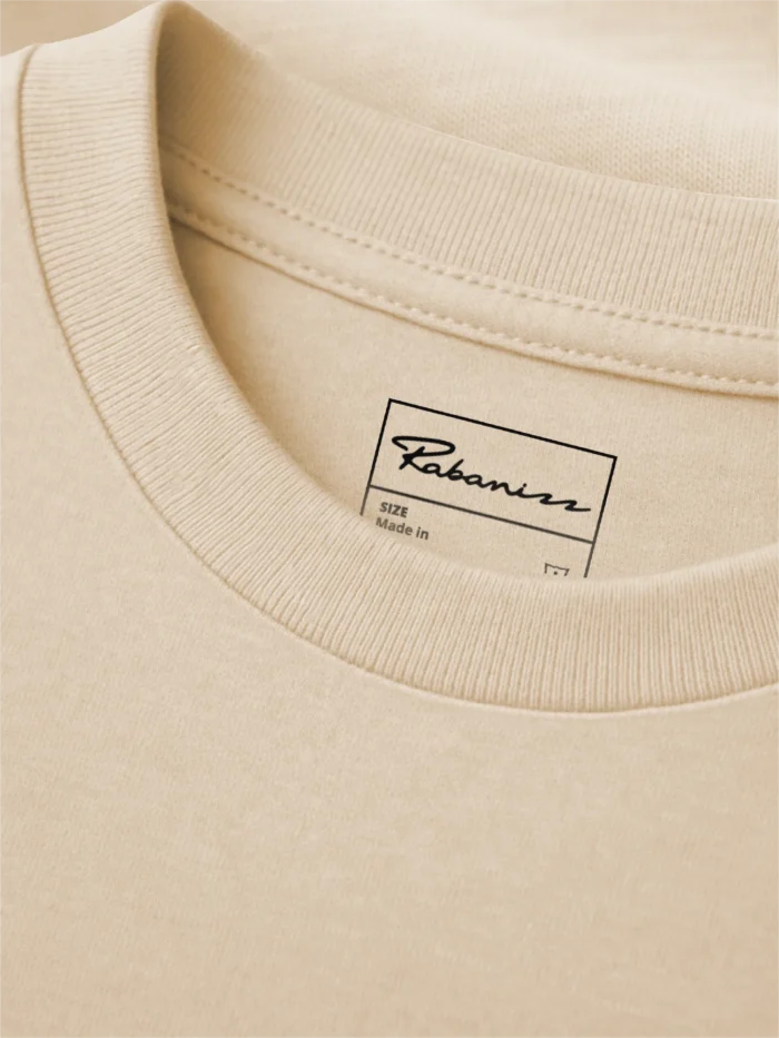 Desert Dust organic cotton T-shirt collar and Rabanizz label