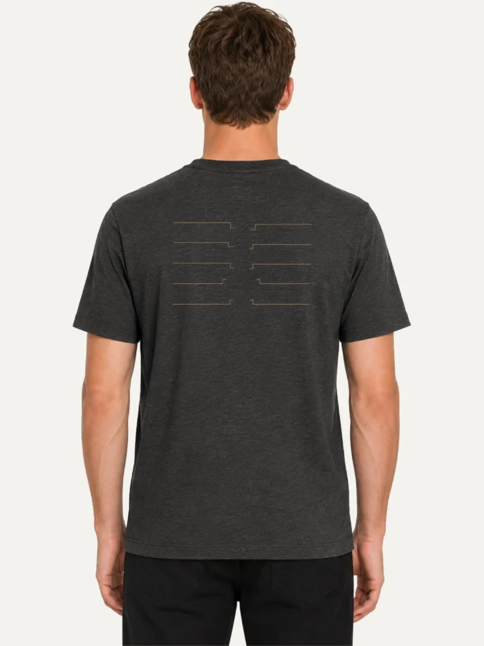 Model wearing Shared Count Dark Heather Grey T-shirt from back