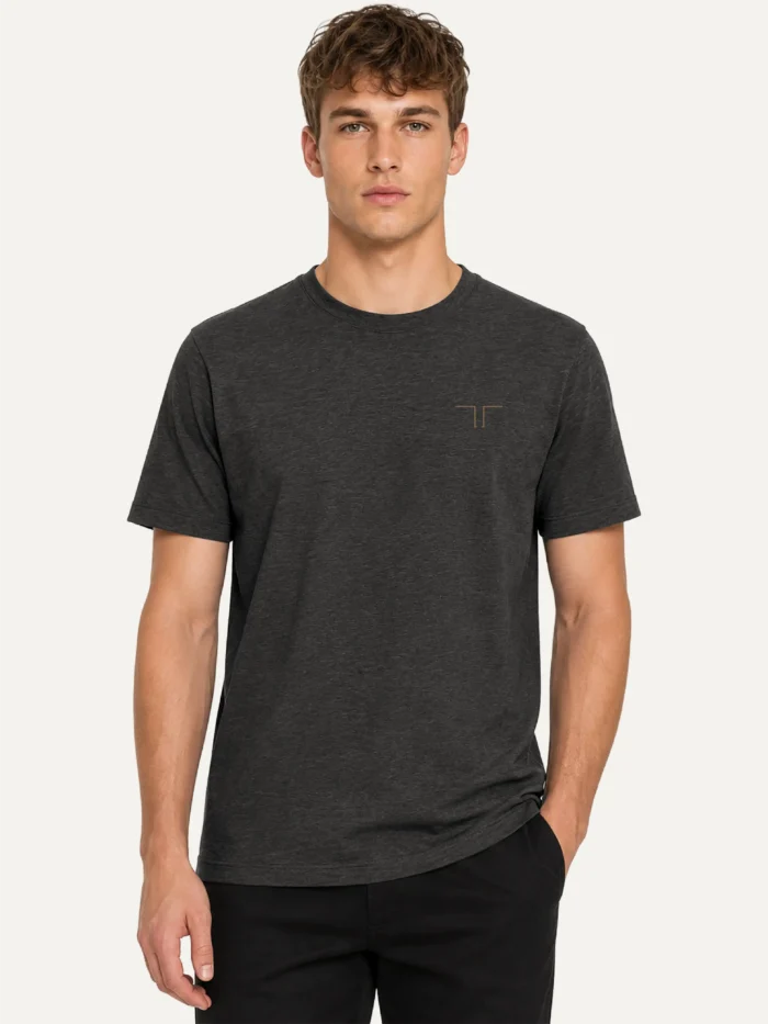 Model wearing Shared Count Dark Heather Grey organic T-shirt