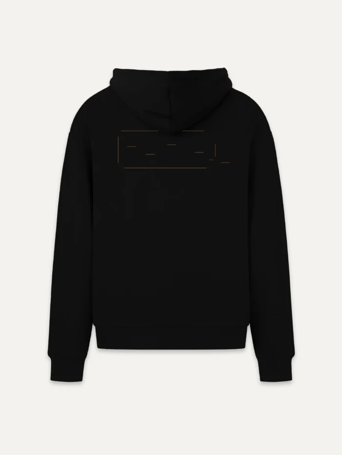 Displaced Ground Organic Cotton Hoodie — Black, back view with Clay Brown open-field artwork beneath the hood.