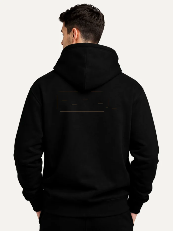 Displaced Ground Organic Cotton Hoodie — Black worn by a male model, showing the complete Clay Brown artwork across the upper back.