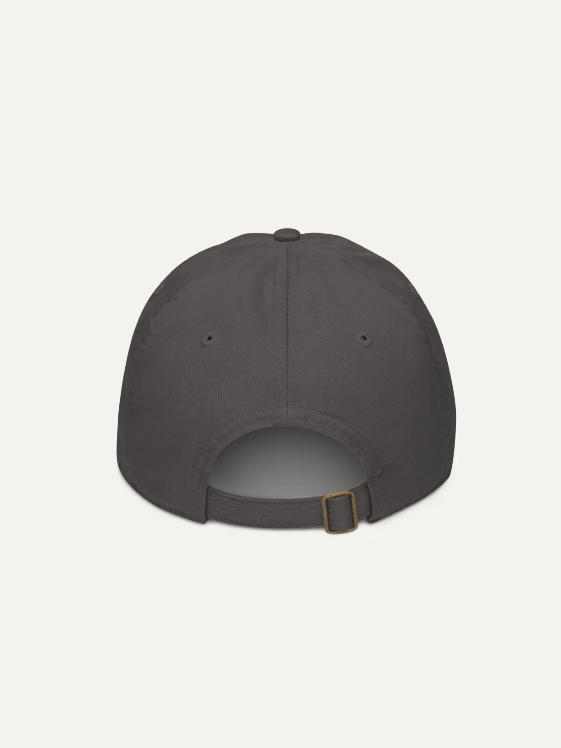 Displaced Ground Organic Cotton Twill Cap — Charcoal, back view with adjustable strap and brass slider.