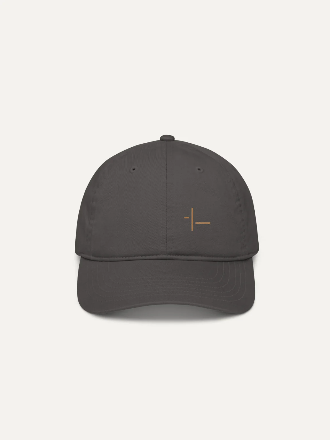 Displaced Ground charcoal organic cotton cap with embroidered artwork