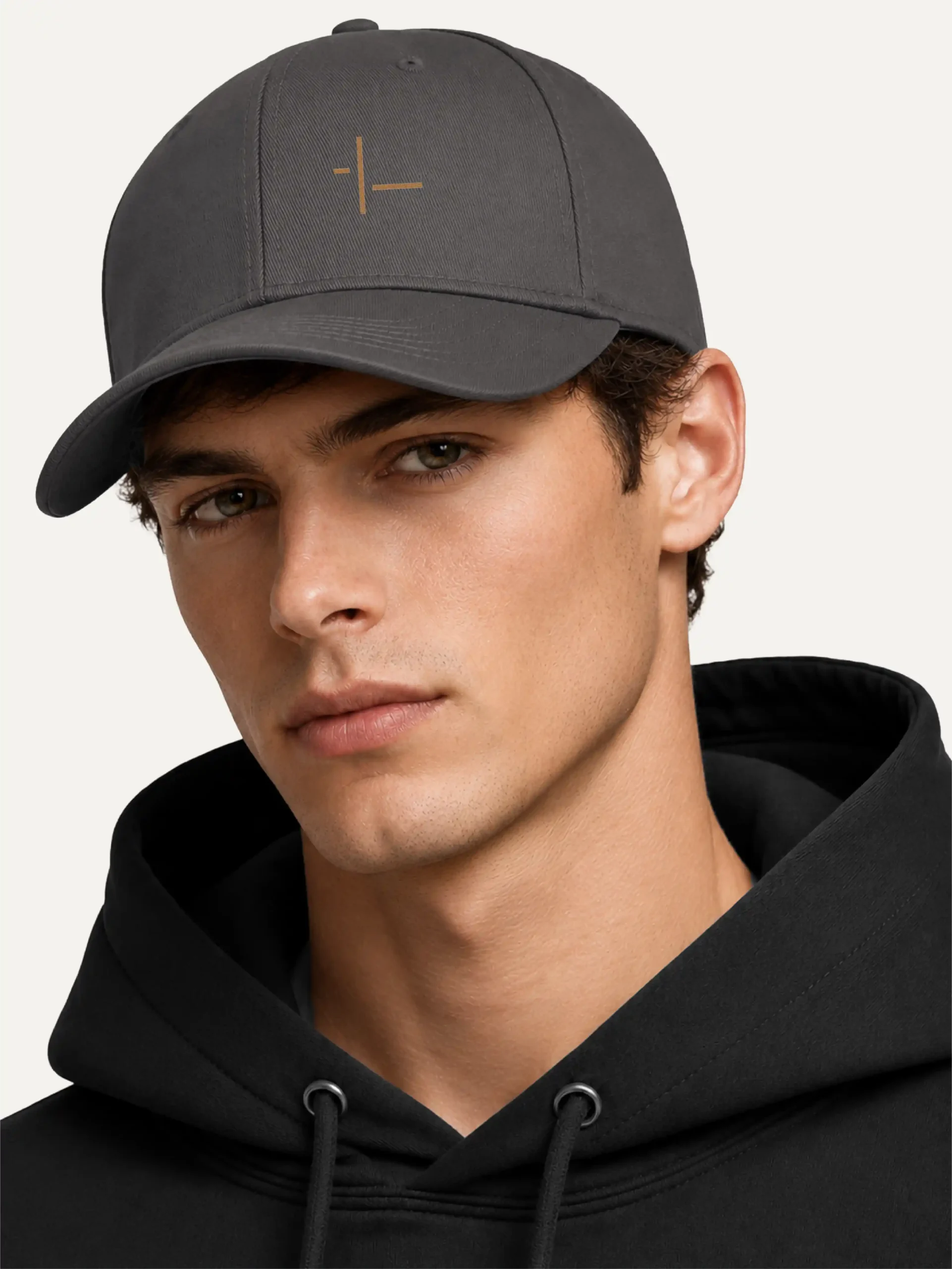 Displaced Ground Organic Cotton Twill Cap — Charcoal worn by a male model
