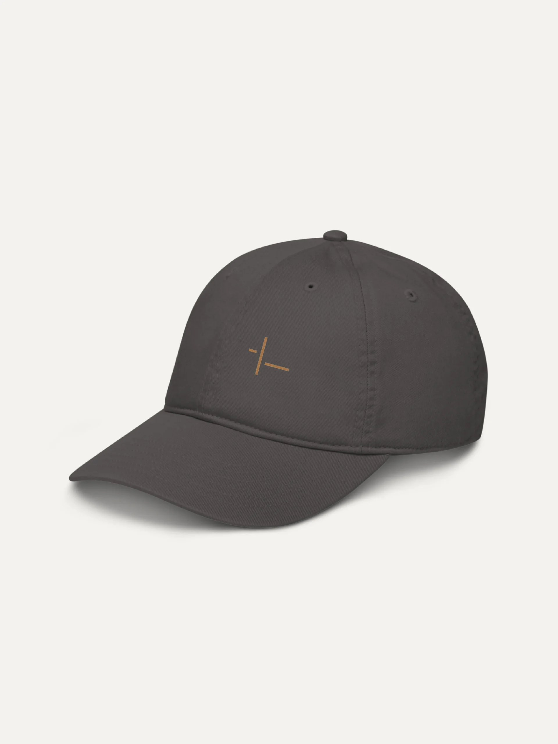 Displaced Ground Organic Cotton Twill Cap — Charcoal, left-angle view