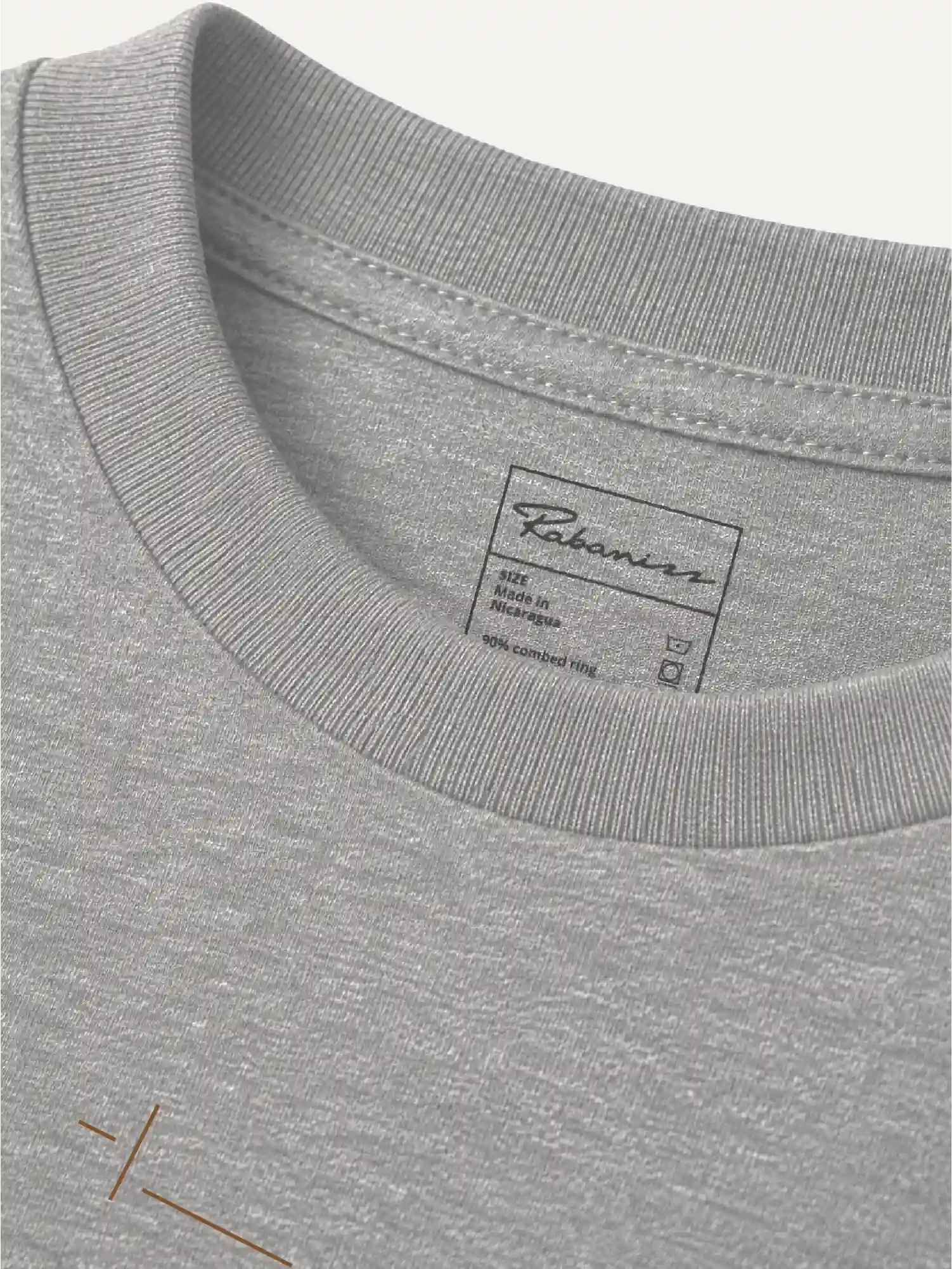 Displaced Ground Organic Cotton T-Shirt — Heather Grey, close-up of the ribbed collar and inside label.