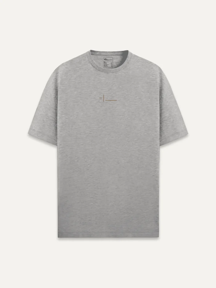 Displaced Ground Organic Cotton T-Shirt — Heather Grey, front view with Clay Brown centre-chest intersection.