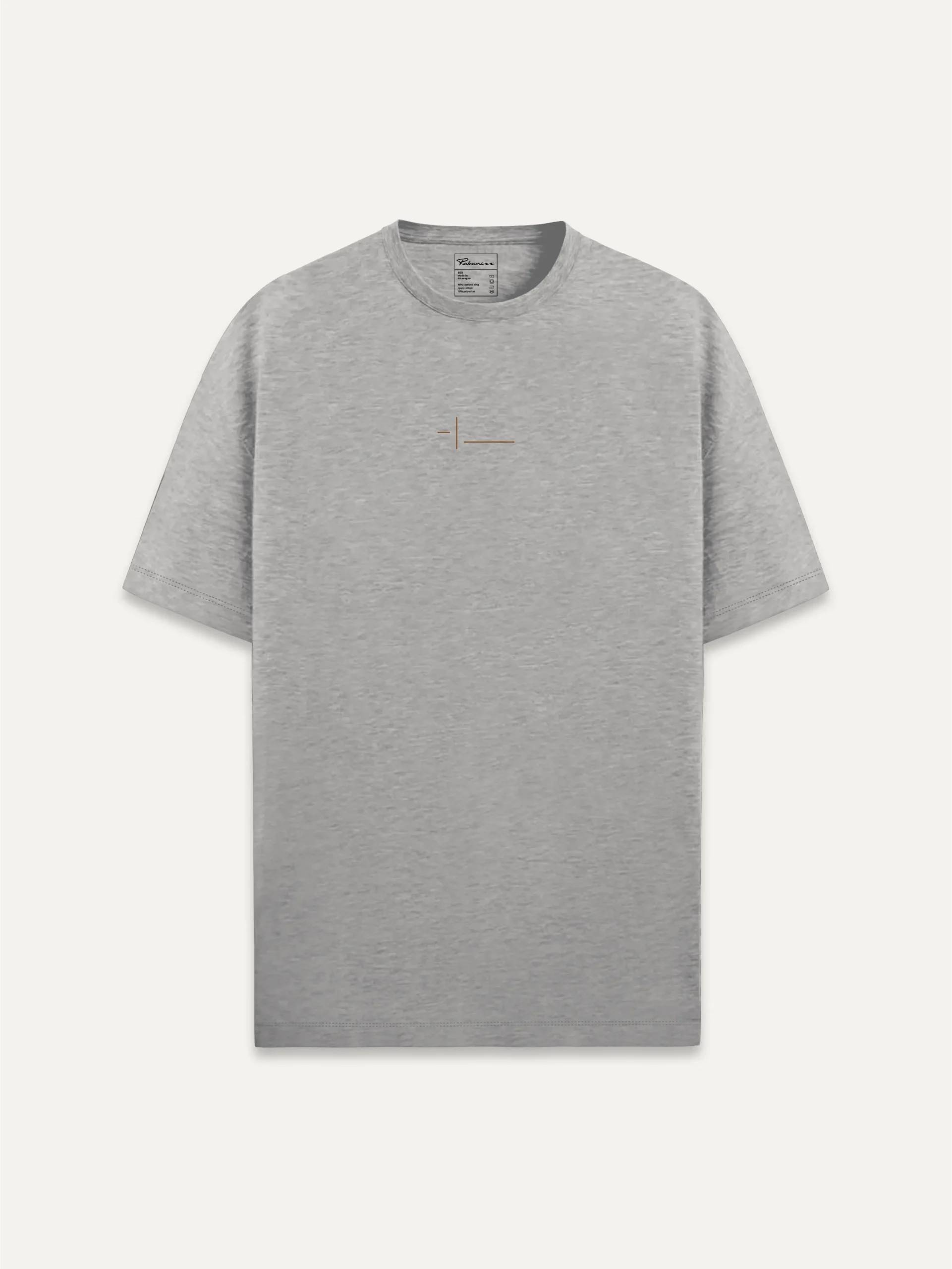 Displaced Ground Organic Cotton T-Shirt — Heather Grey, front view with Clay Brown centre-chest intersection.