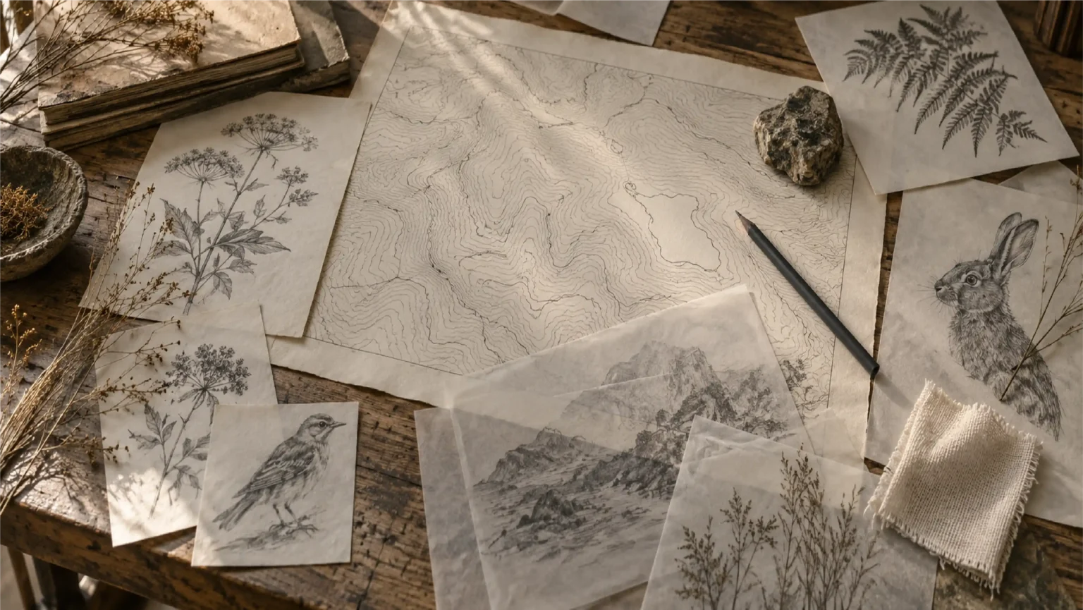 A worktable layered with an unmarked contour map, botanical and wildlife sketches, tracing paper, dried grass, a natural stone, graphite pencil, and cream fabric swatch.