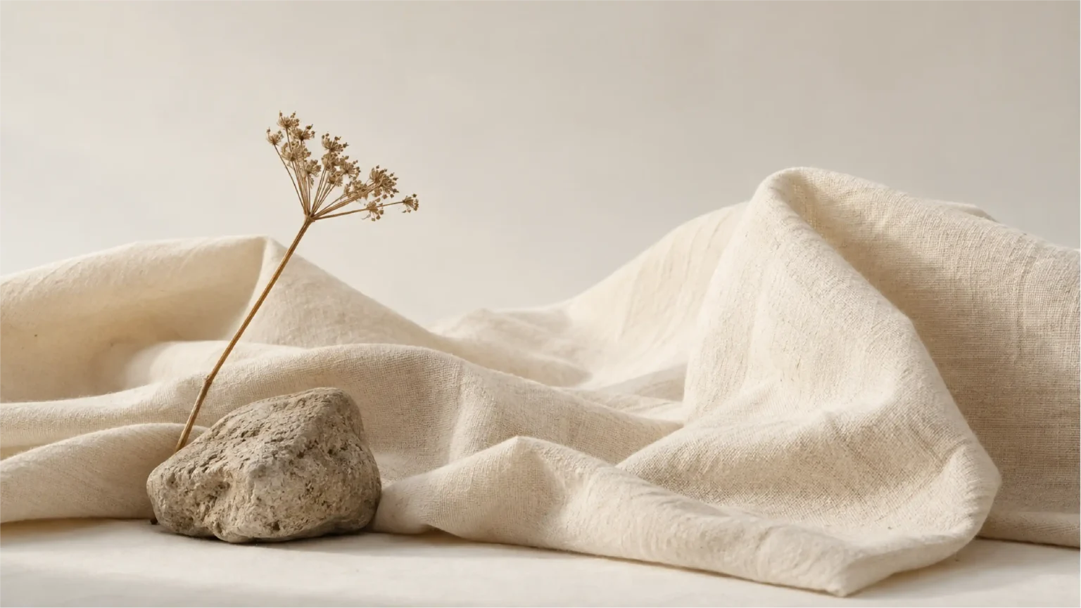 Sculptural folds of undyed cream cotton arranged with a weathered stone and one dried botanical stem against a warm off-white background.