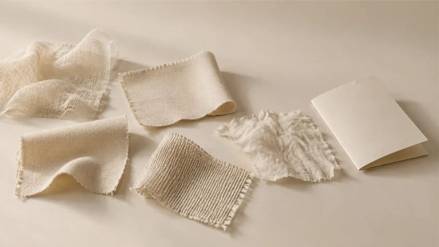 Undyed cotton swatches with distinct weaves arranged beside folded blank natural paper on a warm off-white surface.