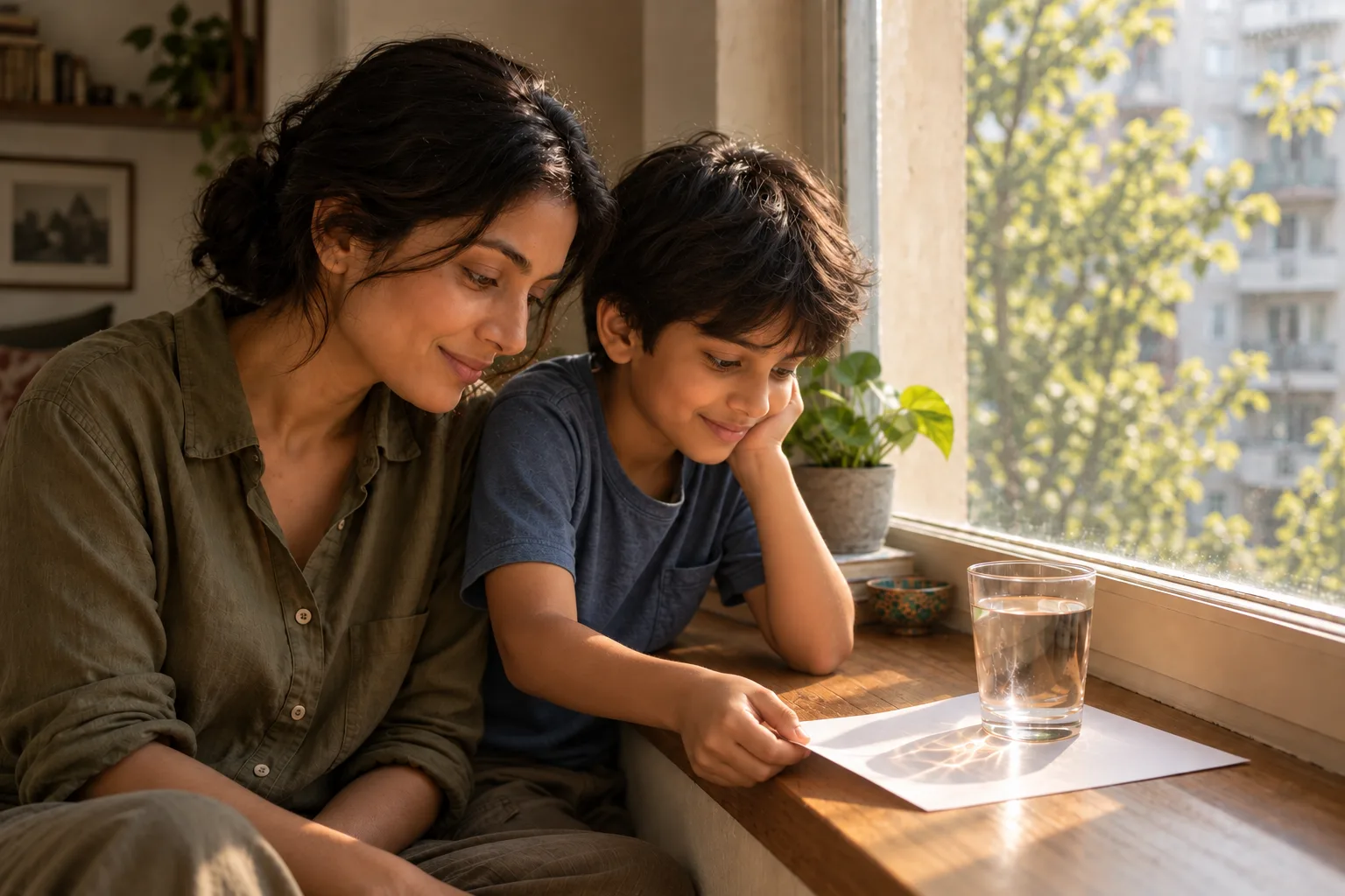 Child moving paper beneath a water glass while a woman watches the refracted sunlight.