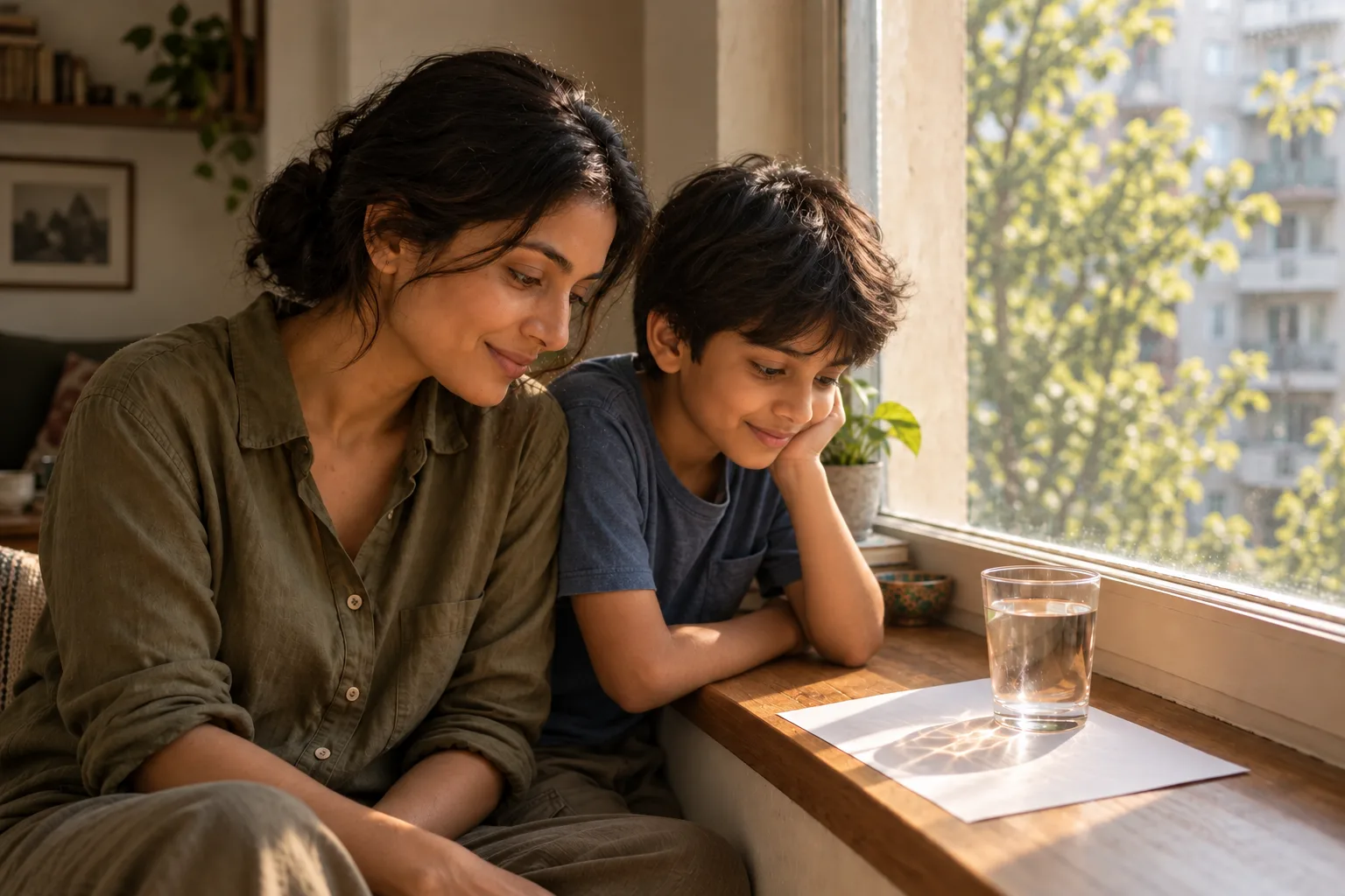 Woman and child observing sunlight refracted through a water glass onto white paper.