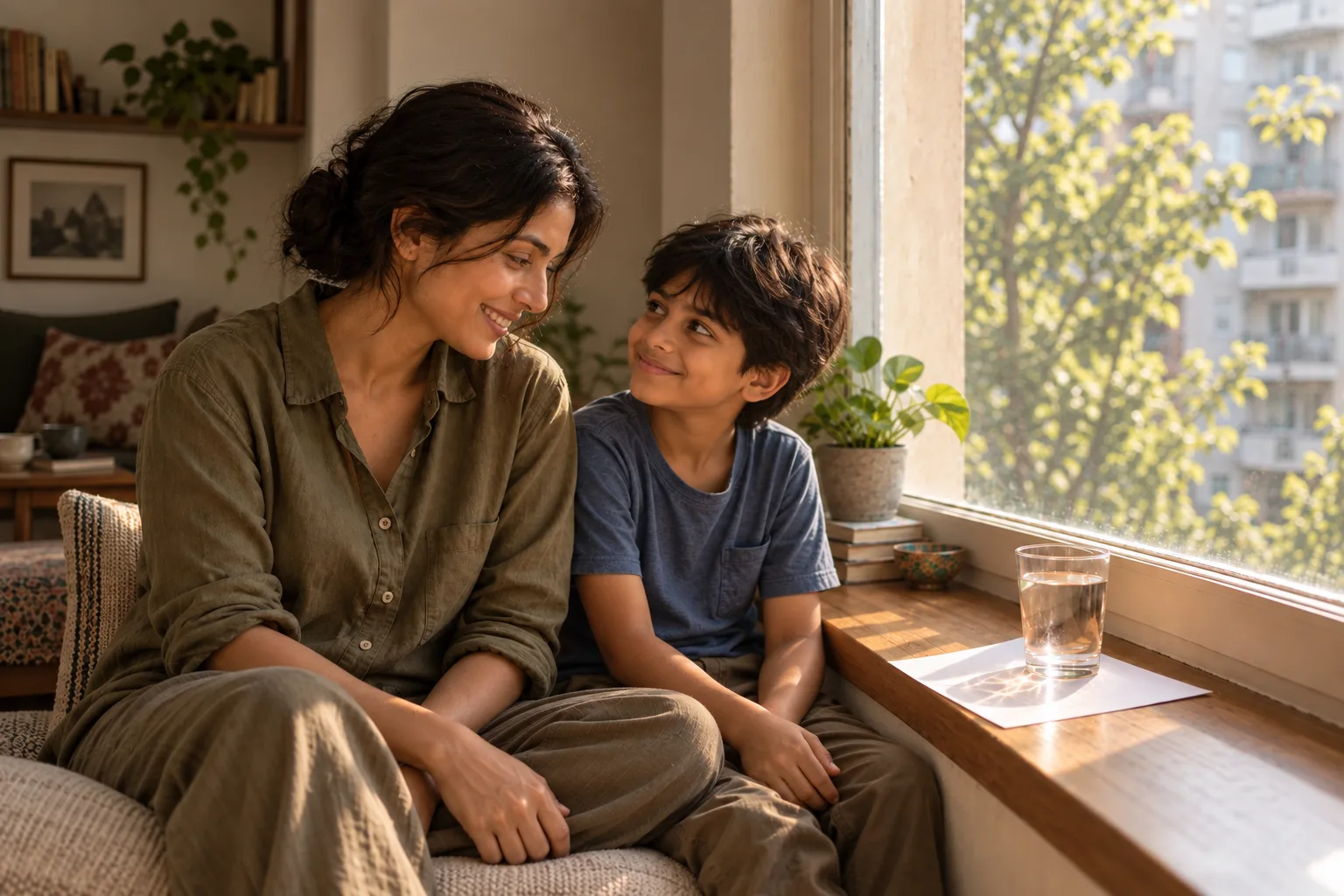 Woman and child sharing a smile beside their water glass experiment on the windowsill.