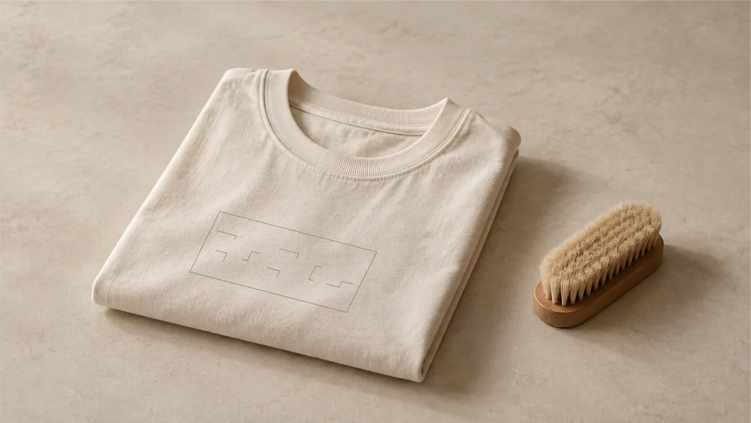 A neatly folded cream organic-cotton T-shirt beside a small wooden clothes brush on a pale natural surface in warm, diffused daylight.