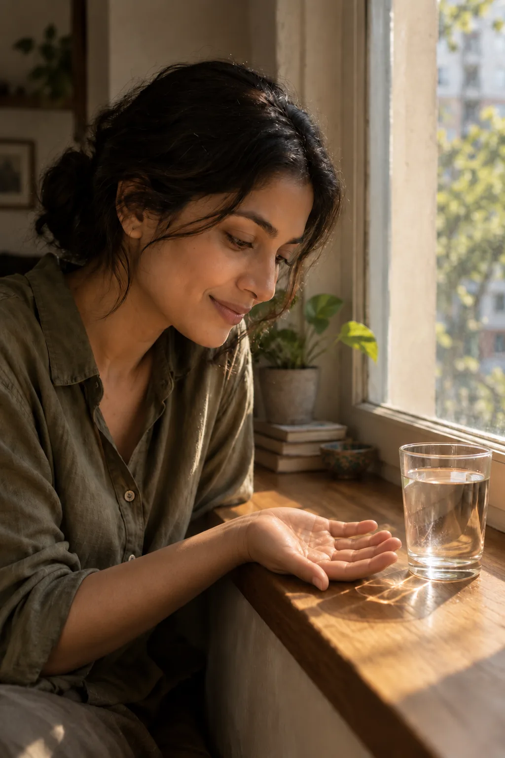 Woman observing sunlight through a glass of water beside a window.