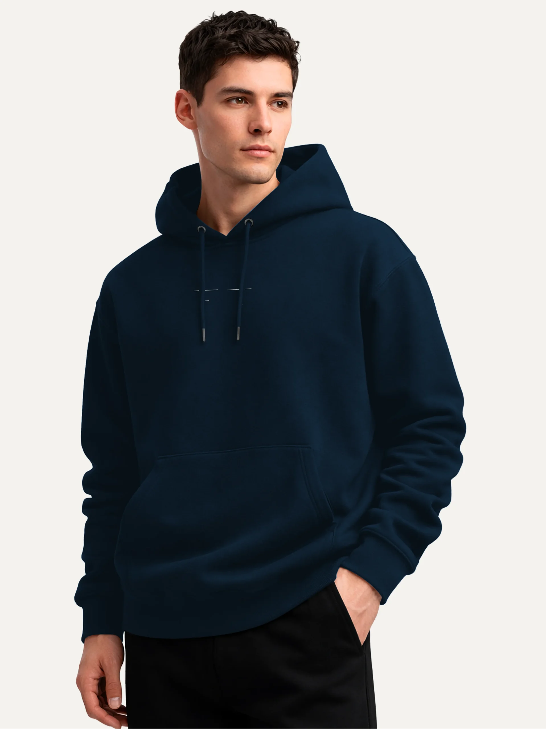 Model wearing French Navy Return Interval hoodie at an angle