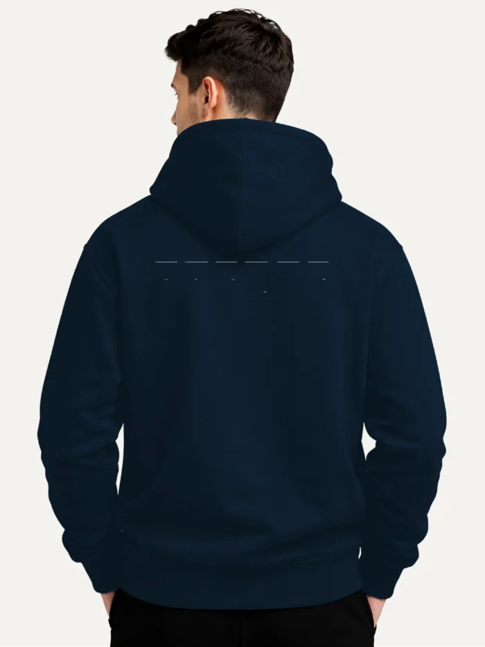 Model wearing French Navy Return Interval hoodie from the back