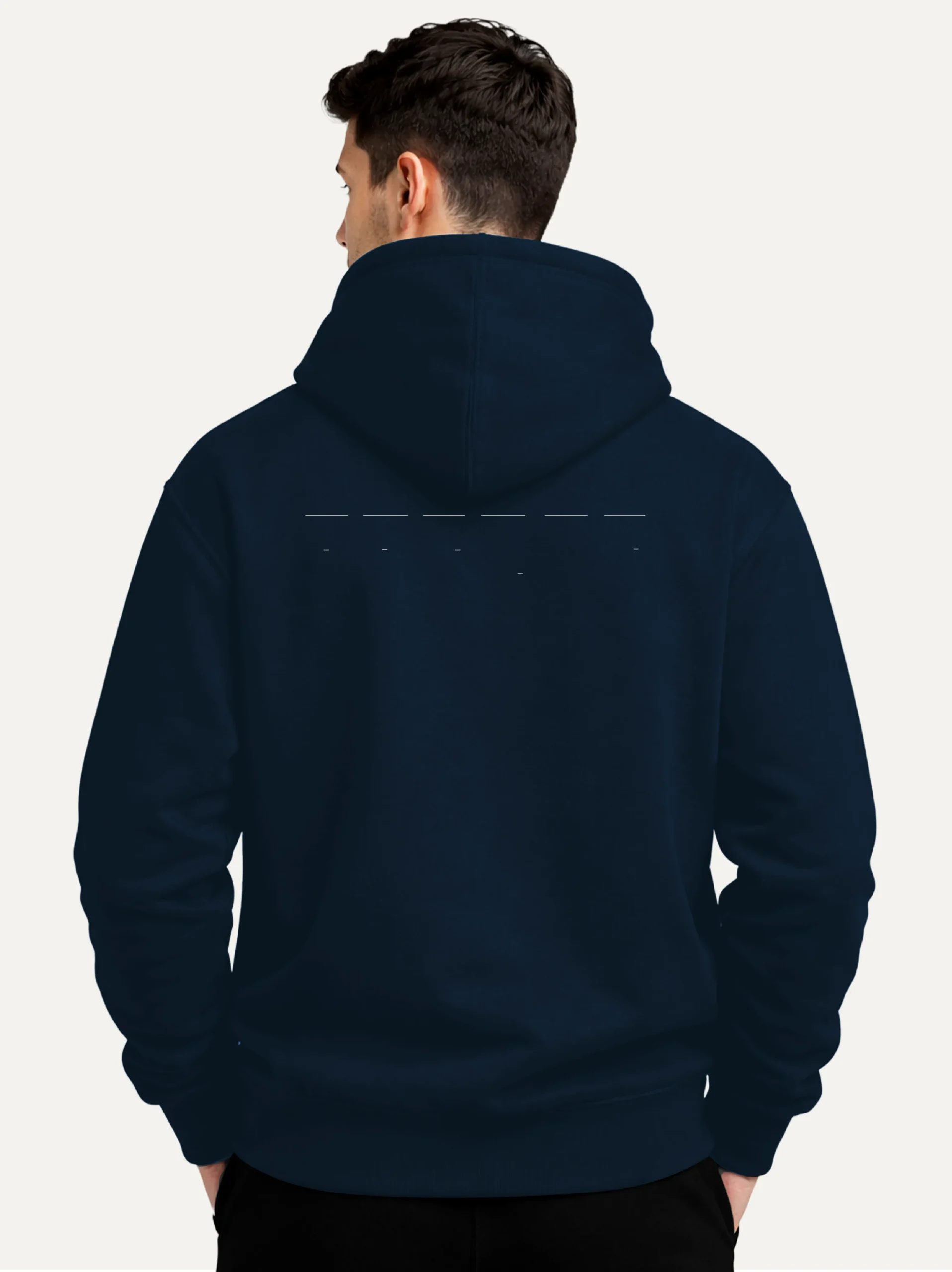 Model wearing French Navy Return Interval hoodie from the back