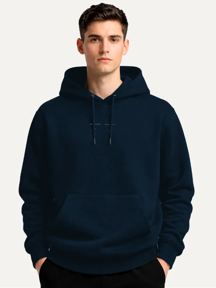 Model wearing French Navy Return Interval organic cotton hoodie