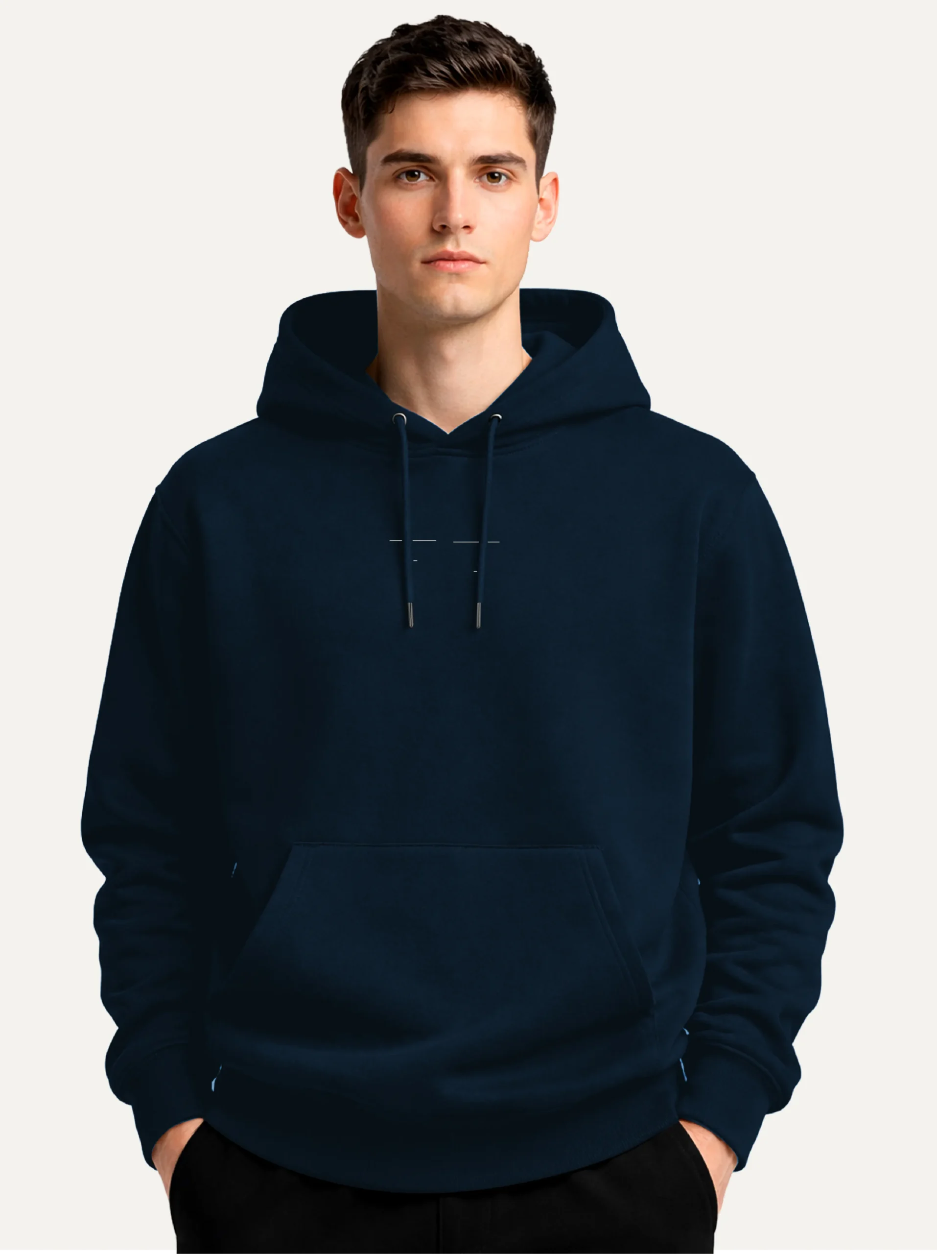 Model wearing French Navy Return Interval organic cotton hoodie