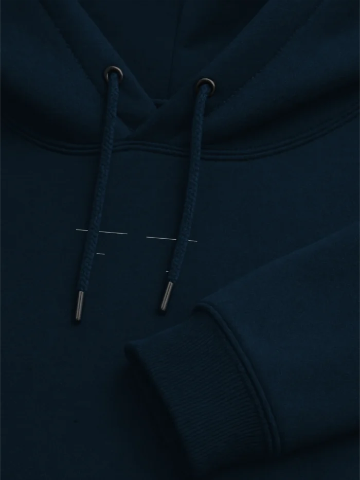 French Navy hoodie neckline drawcord and ribbed construction details