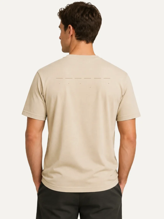 Model wearing Desert Dust Return Interval T-shirt from the back