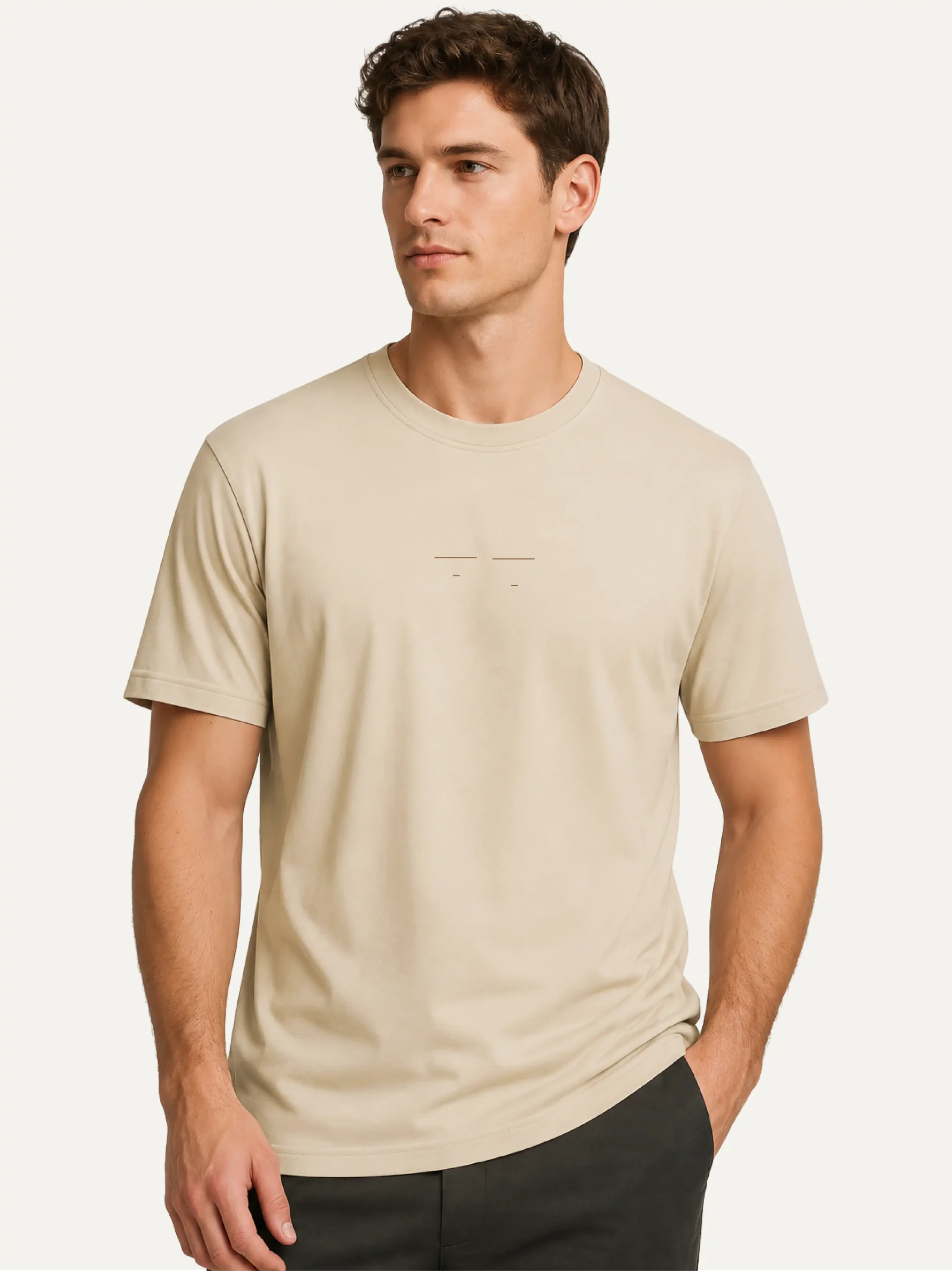 Model wearing Desert Dust Return Interval organic cotton T-shirt