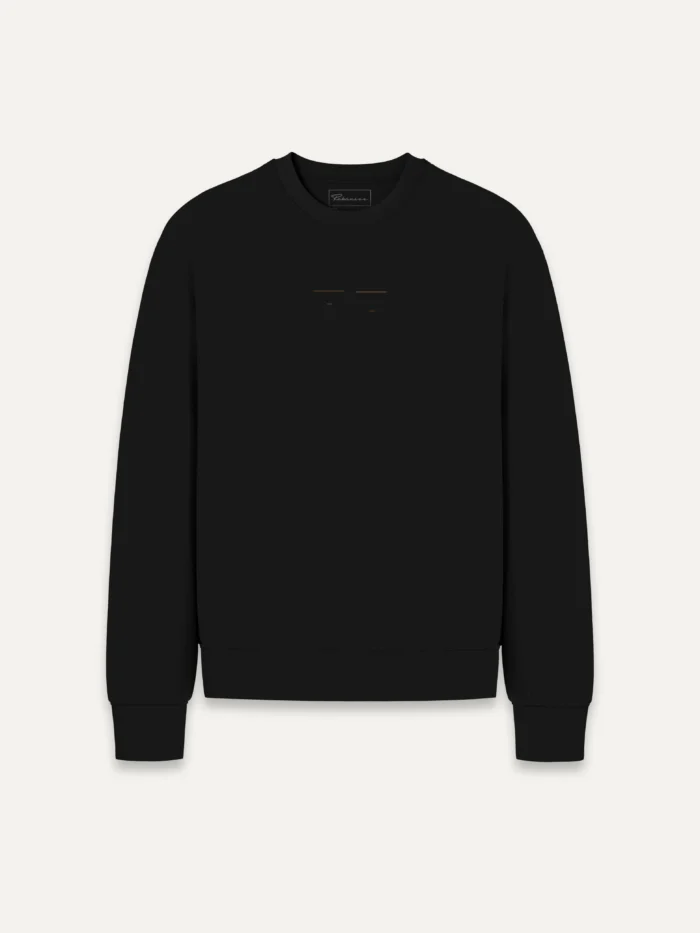 Black organic sweatshirt with minimal centre-chest line artwork