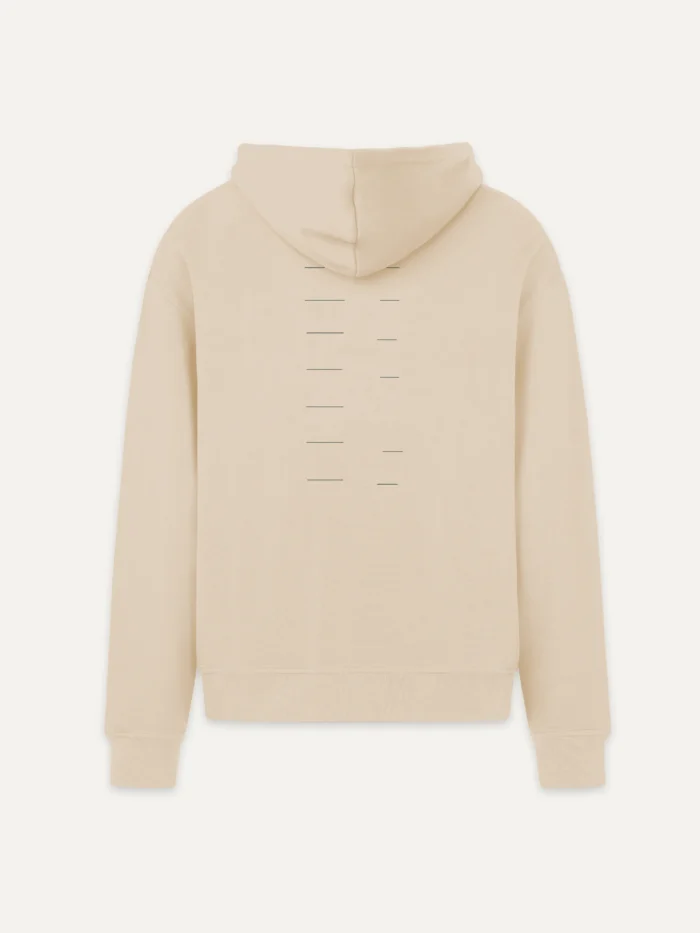 Seasonal Drift Organic Cotton Hoodie — Desert Dust, back view with muted green vertical line artwork beneath the hood.