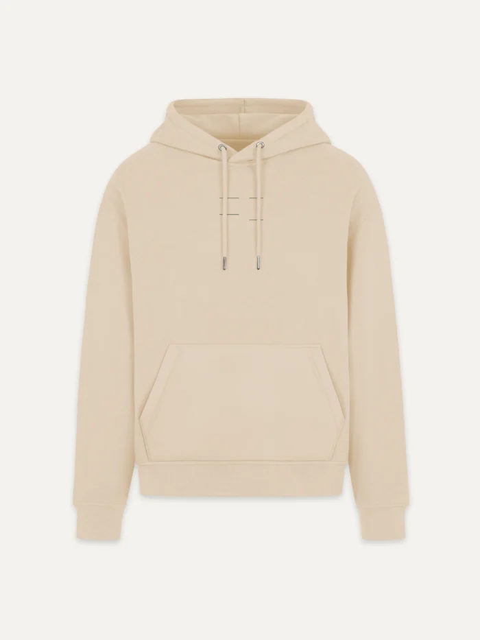 Seasonal Drift Organic Cotton Hoodie — Desert Dust, front view with reduced muted green line artwork at the centre chest.