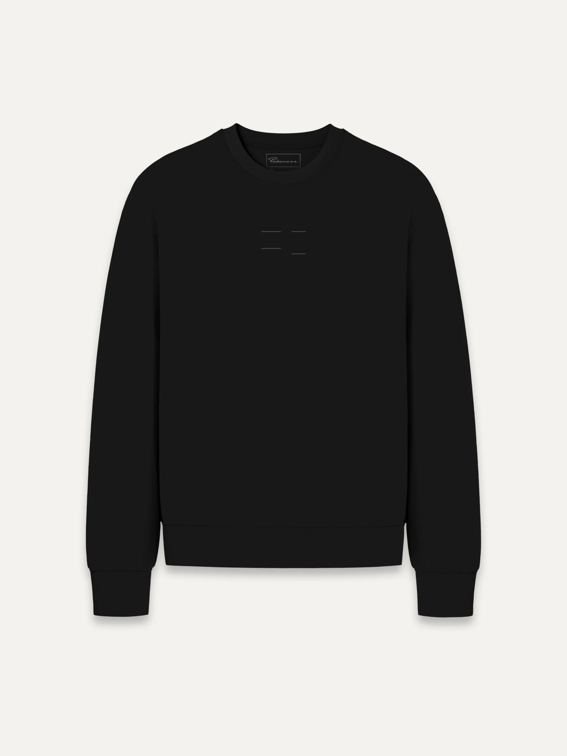 Black organic sweatshirt with minimal centre-chest line artwork