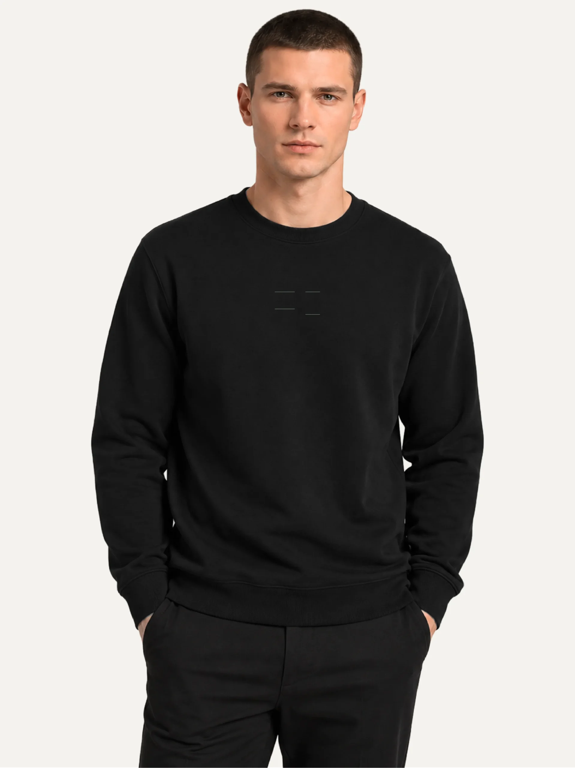 Model wearing black Seasonal Drift organic cotton sweatshirt