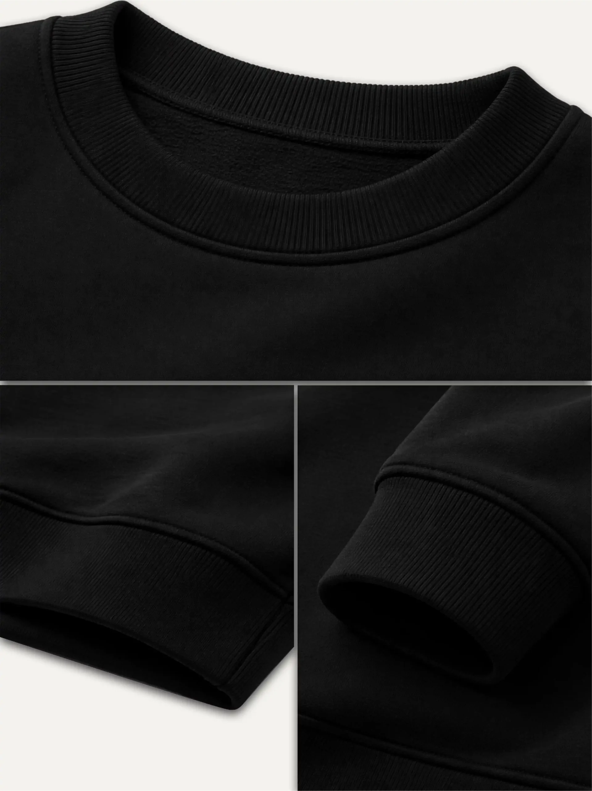Ribbed collar cuffs and hem of black organic sweatshirt