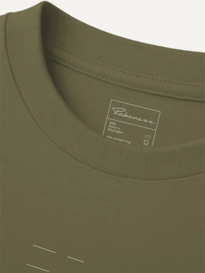 collar and RABANIZZ label on Khaki organic T-shirt
